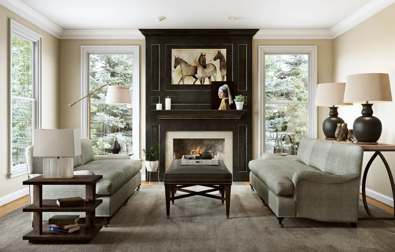 Photo wallpaper interior, fireplace, living room