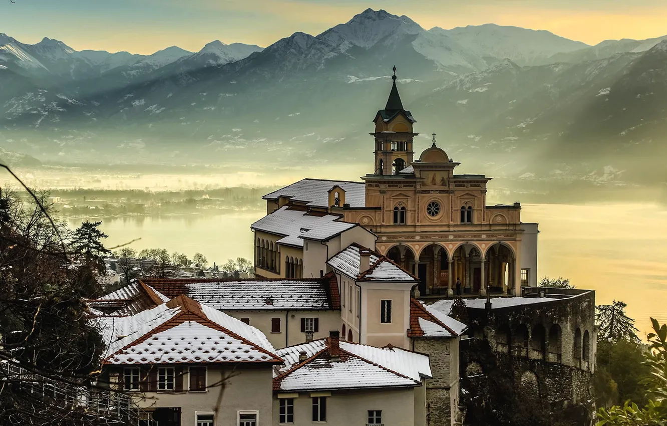 Photo wallpaper winter, snow, mountains, the city, lake, Switzerland, temple, Switzerland