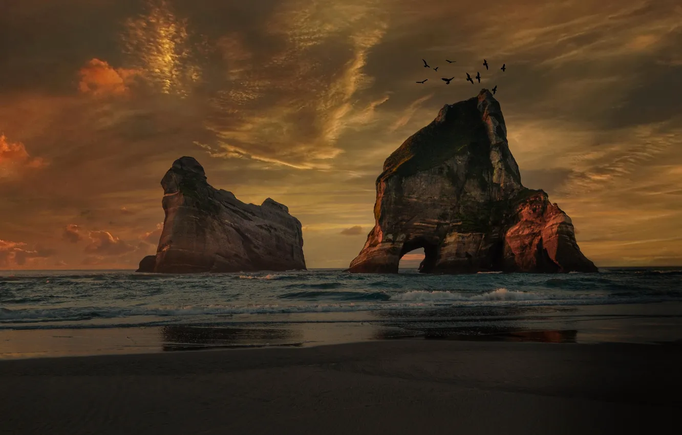 Photo wallpaper sand, sea, wave, beach, the sky, clouds, sunset, rocks