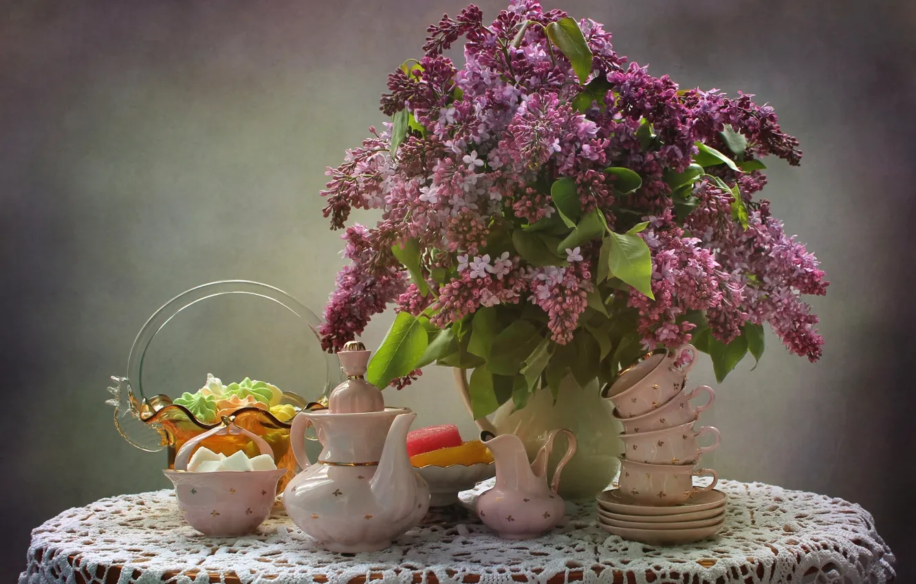 Photo wallpaper Cup, dishes, sugar, still life, lilac, marmalade, marshmallows