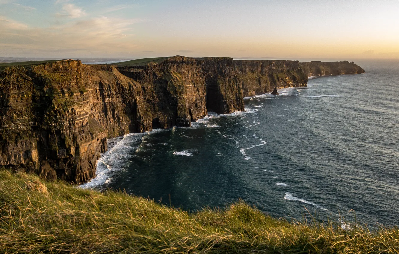 Photo wallpaper wave, the sky, grass, clouds, landscape, sunset, mountains, nature