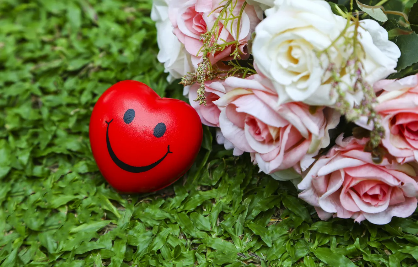 Photo wallpaper summer, grass, love, heart, roses, smile, summer, love
