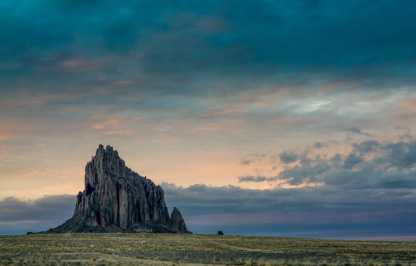 Photo wallpaper the sky, clouds, nature, rock, desert, USA, New Mexico, Shiprock
