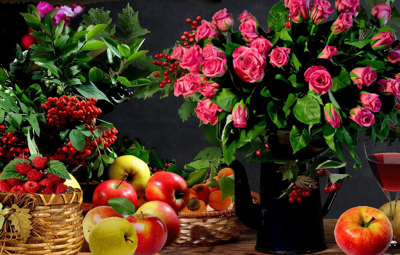 Photo wallpaper flowers, berries, background, apples, roses, bouquet, flower, flowers