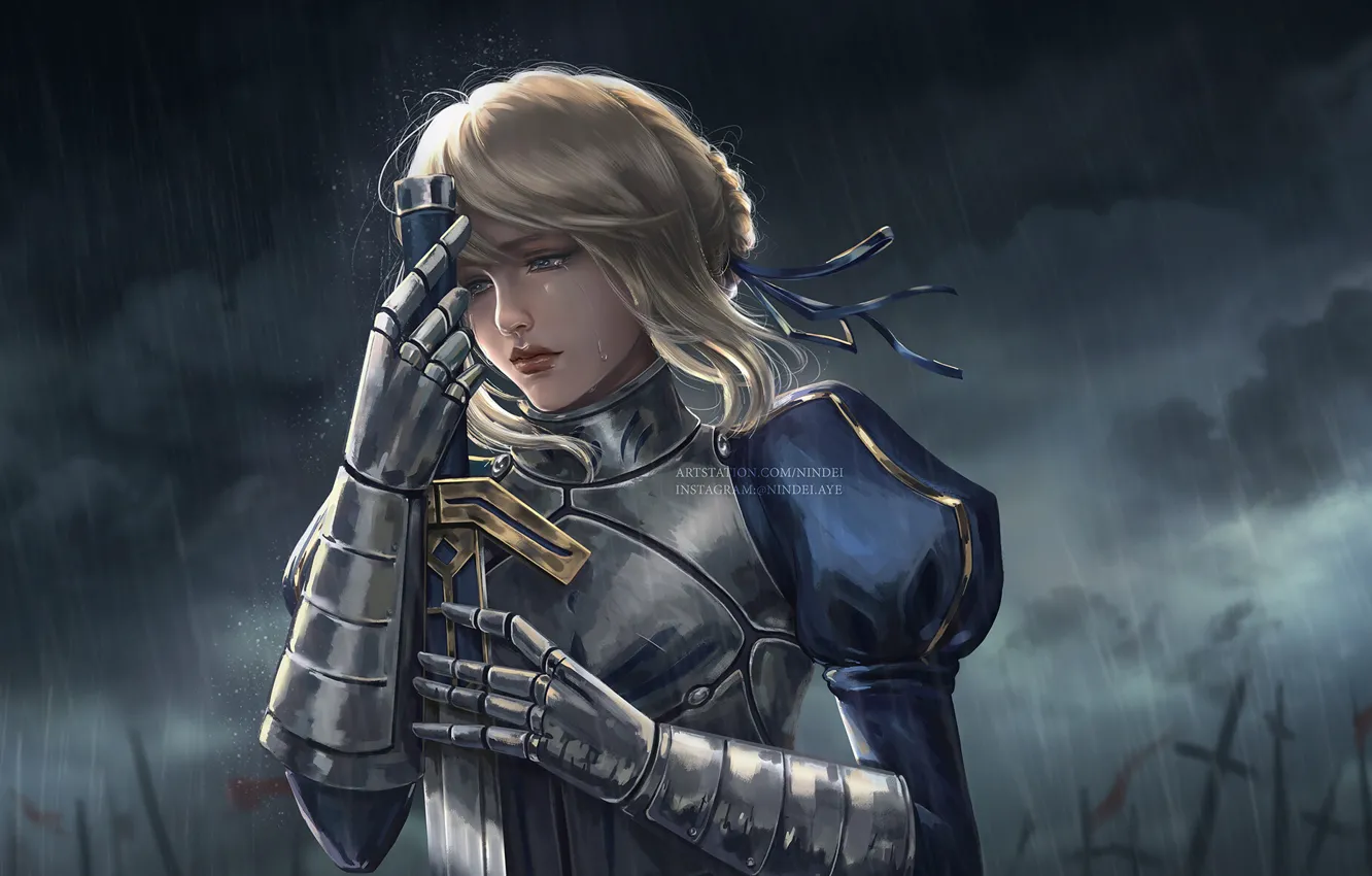 Photo wallpaper saber, by Patrycja Kotlik, Fate / Zero, sadness, rain, girl