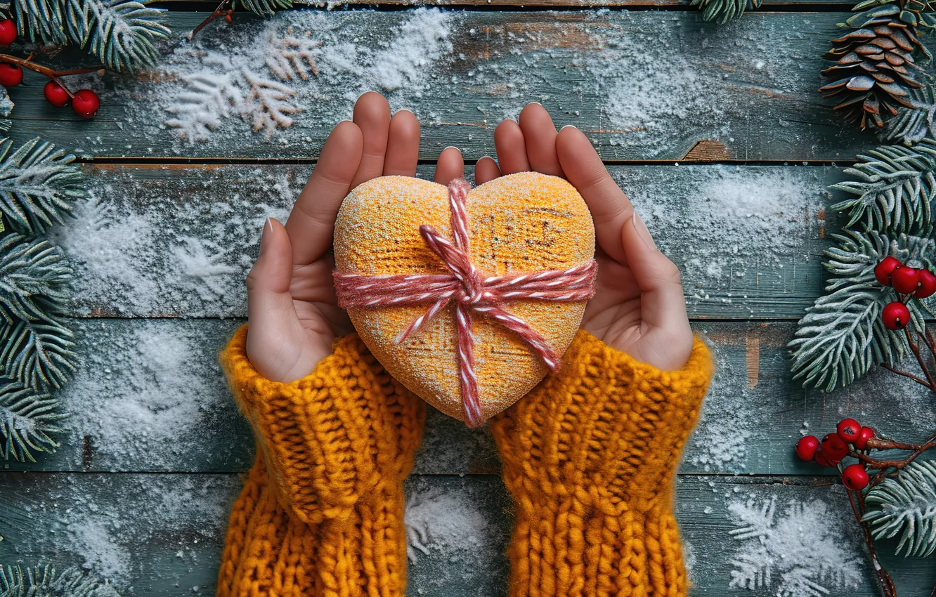 Photo wallpaper snow, decoration, love, berries, heart, new year, hands, Christmas