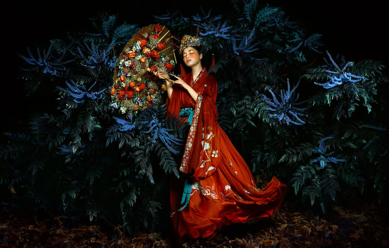 Photo wallpaper girl, decoration, flowers, night, branches, blue, style, the dark background