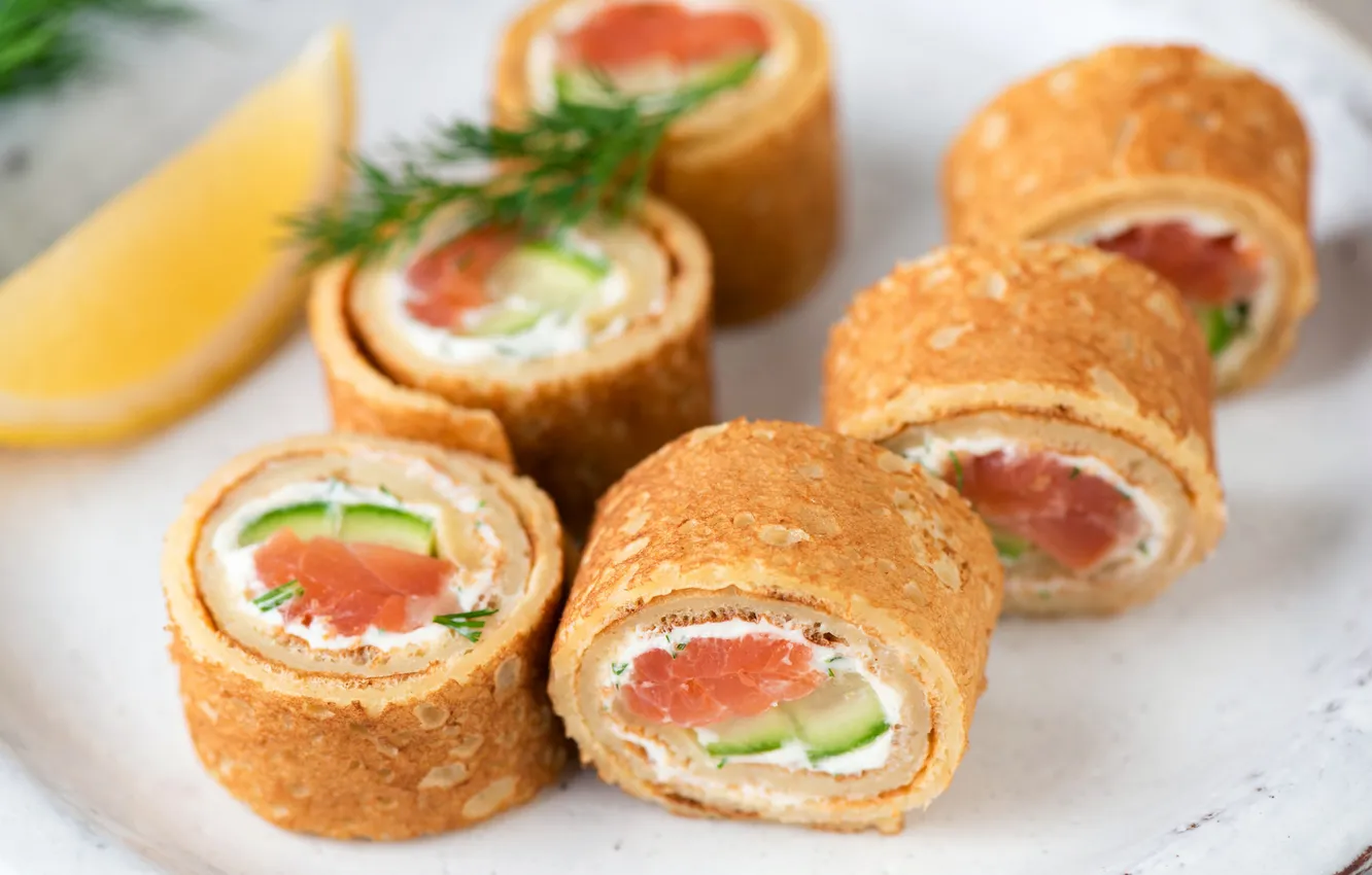 Photo wallpaper macro, pancakes, rolls, plate, sushi