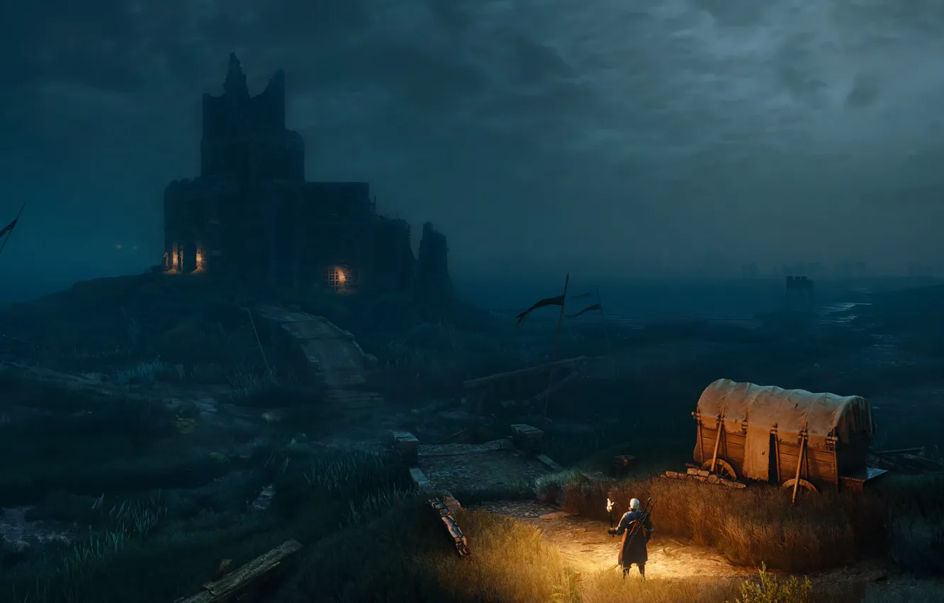 Photo wallpaper night, castle, The Witcher, Geralt, The Witcher 3: Wild Hunt, Roach