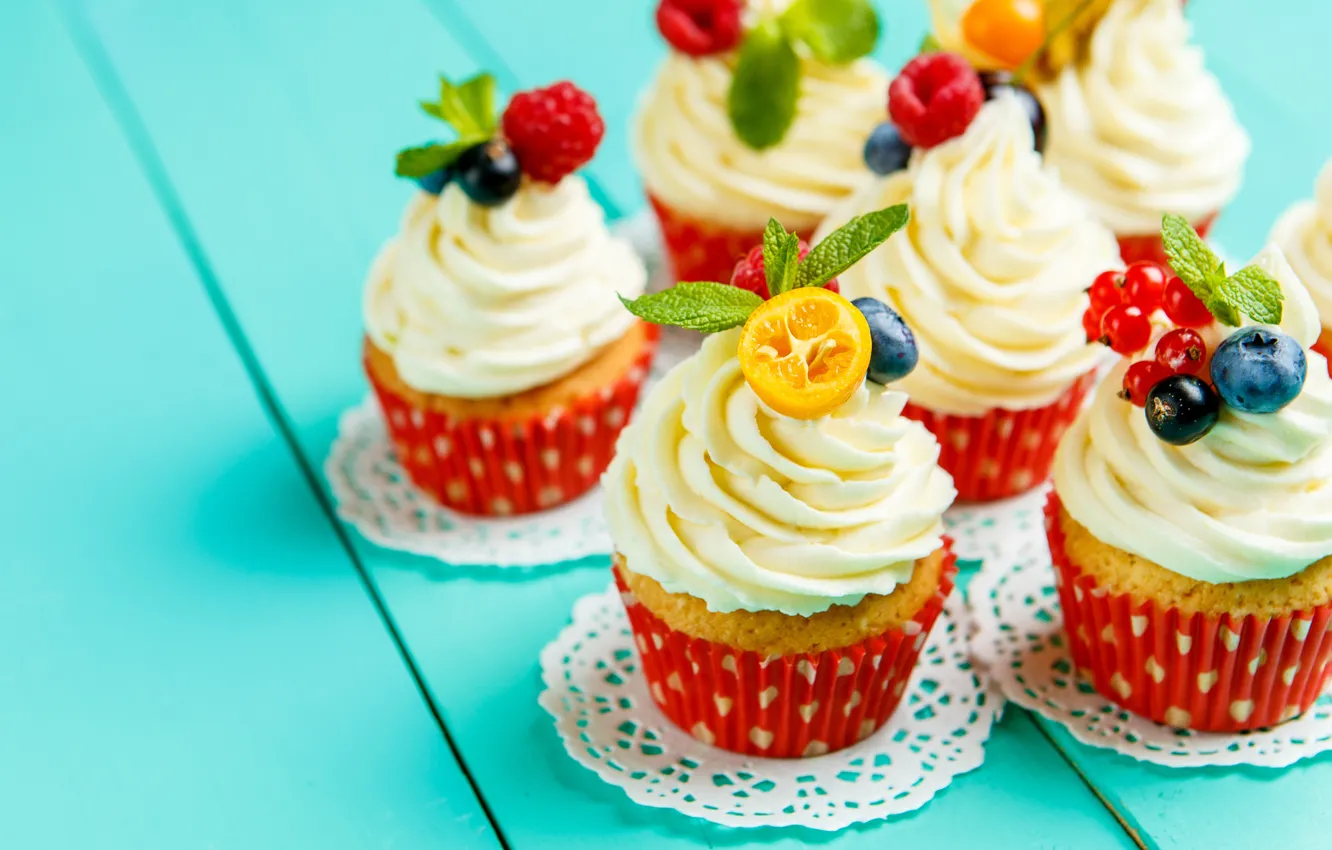 Photo wallpaper cherry, berries, blueberries, strawberry, cream, cakes, sweet, cupcakes