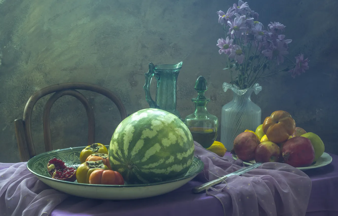 Photo wallpaper flowers, table, bouquet, watermelon, fabric, vase, still life, tomatoes