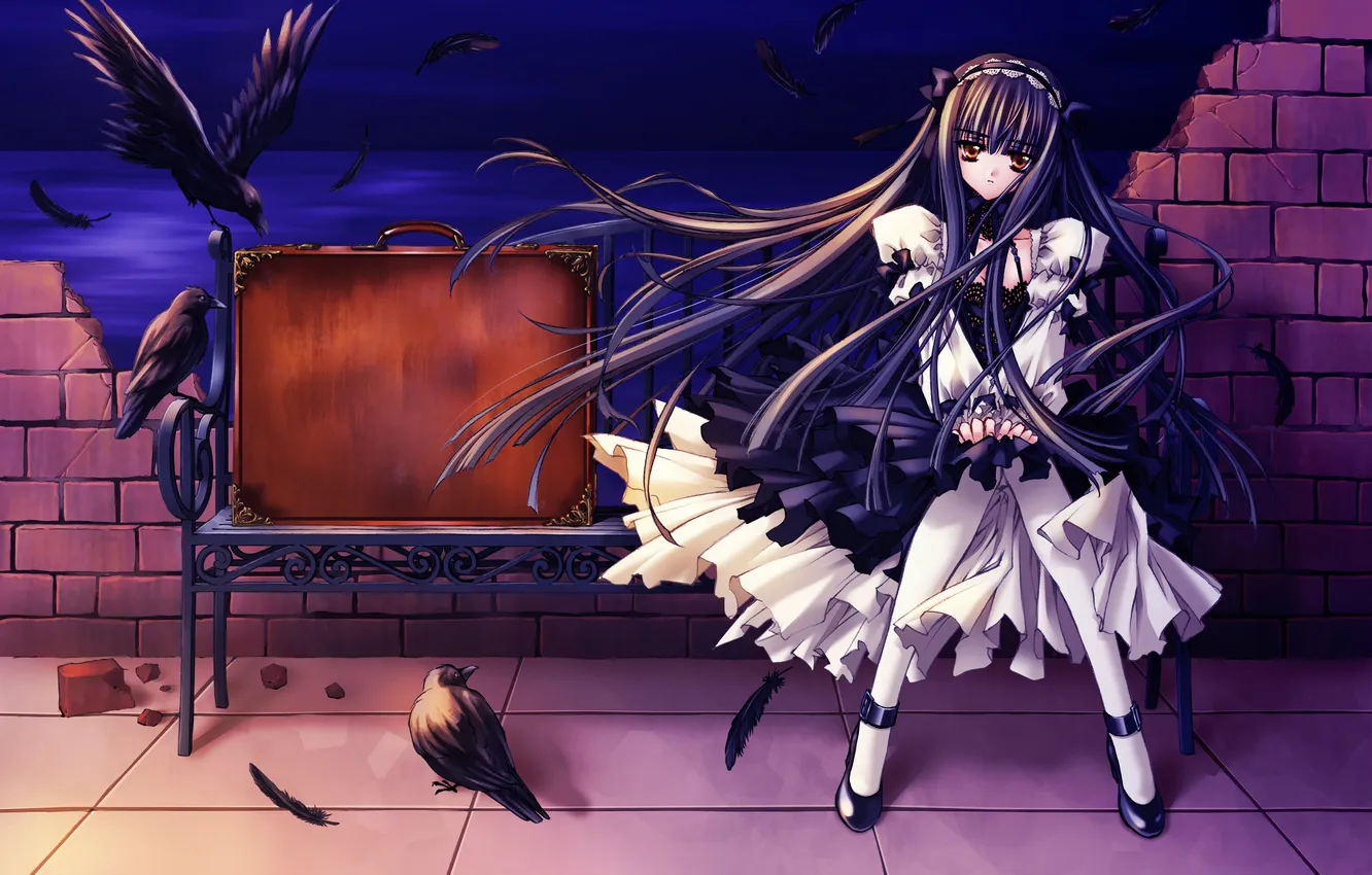 Photo wallpaper sea, water, girl, bench, night, suitcase, Raven, long hair