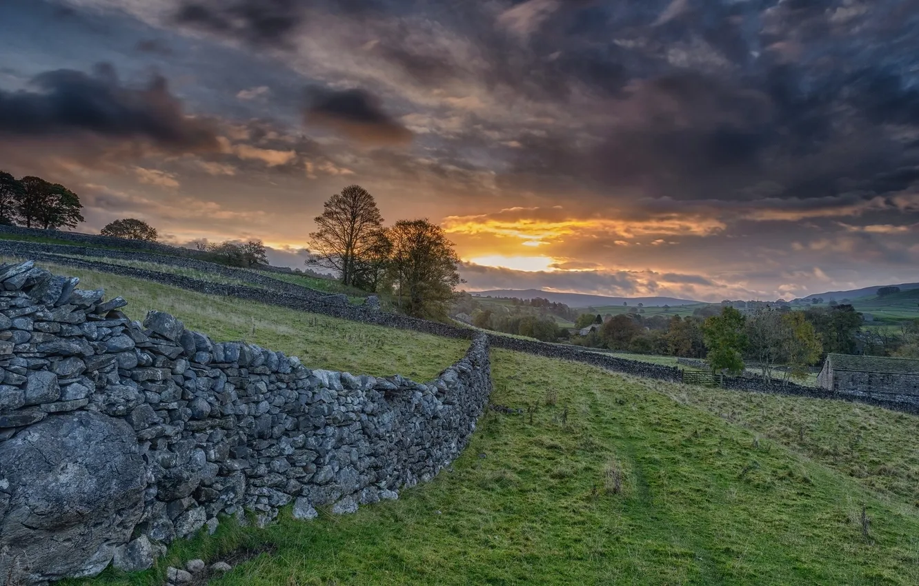 Photo wallpaper sunset, the fence, England, England, Grassington, Grassington