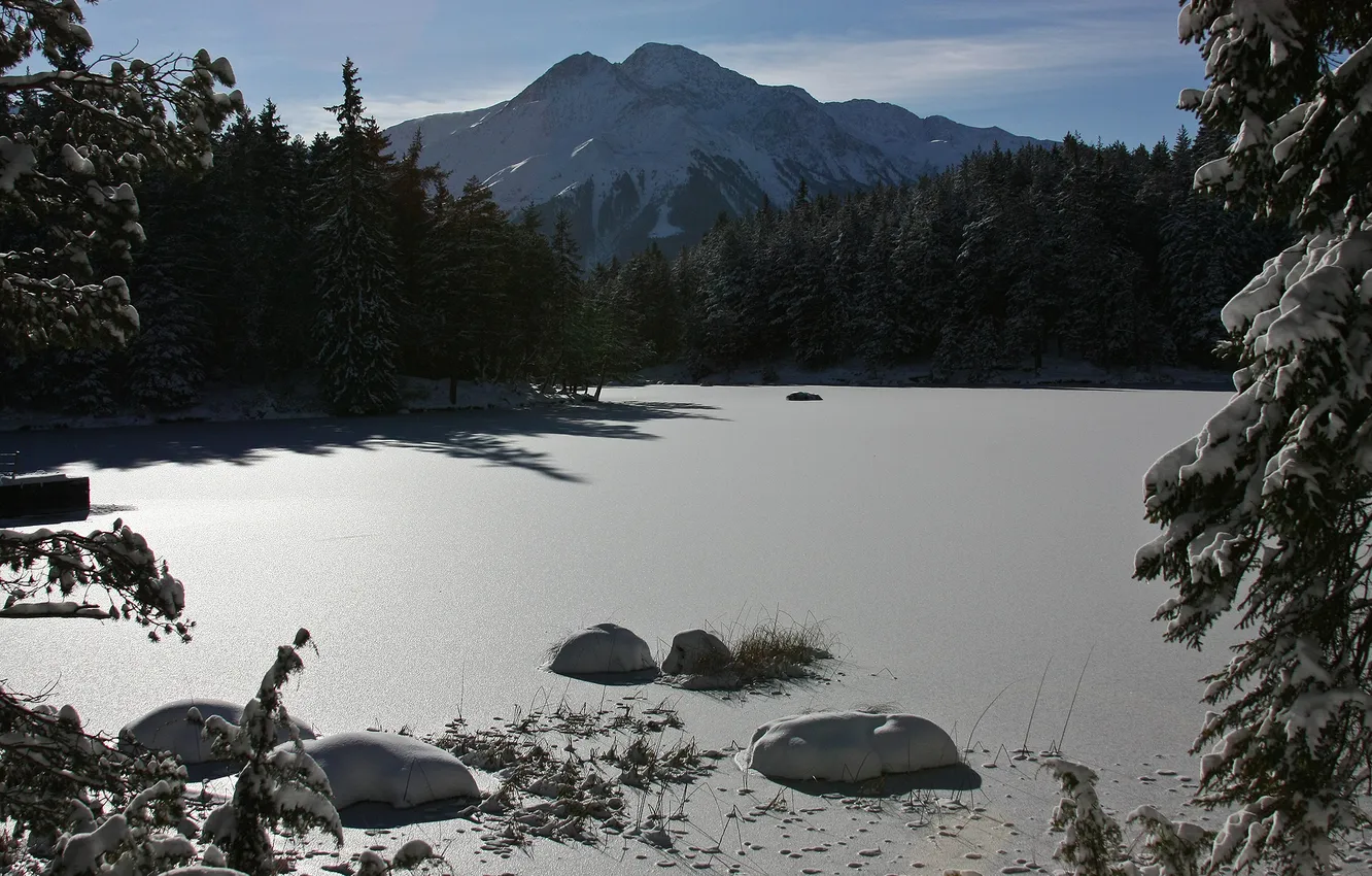 Photo wallpaper ice, winter, the sky, water, the sun, snow, trees, landscape