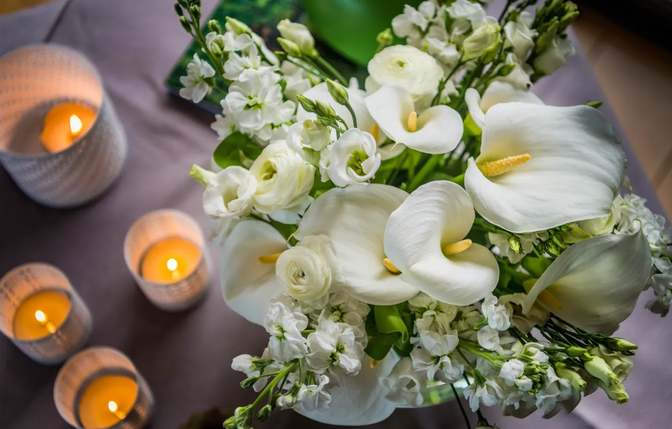 Photo wallpaper flowers, bouquet, candles, Calla lilies