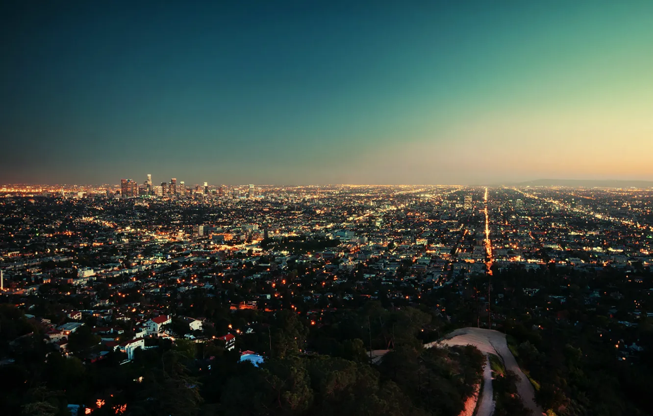Photo wallpaper sunset, city, the city, lights, the evening, top, Los Angeles