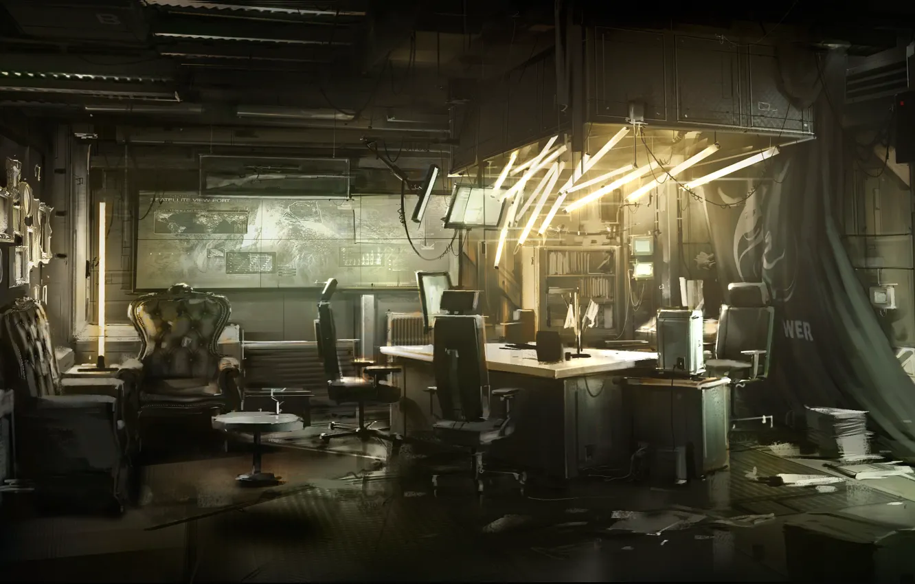 Photo wallpaper design, style, books, chair, cyberpunk, art, deus ex: human revolution, books