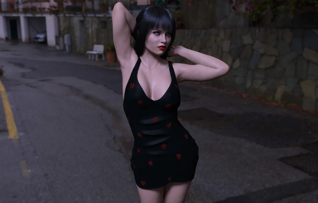 Photo wallpaper girl, hearts, mini dress