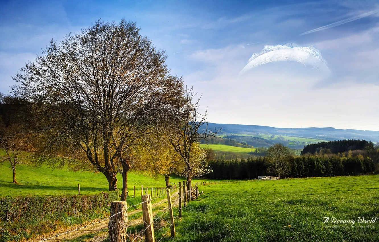 Photo wallpaper road, field, trees, the fence, Dreamy World