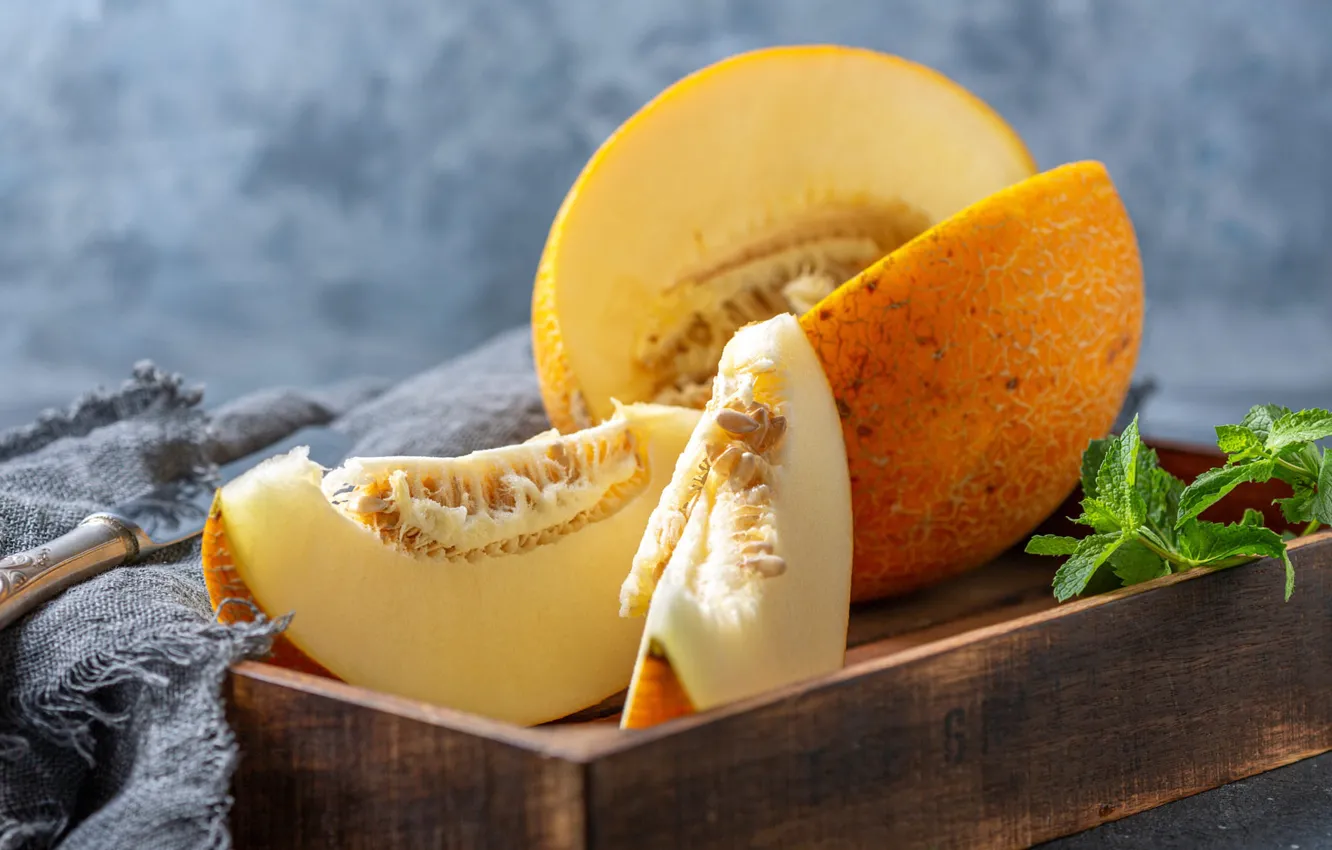 Photo wallpaper background, knife, box, mint, slices, melon, piece