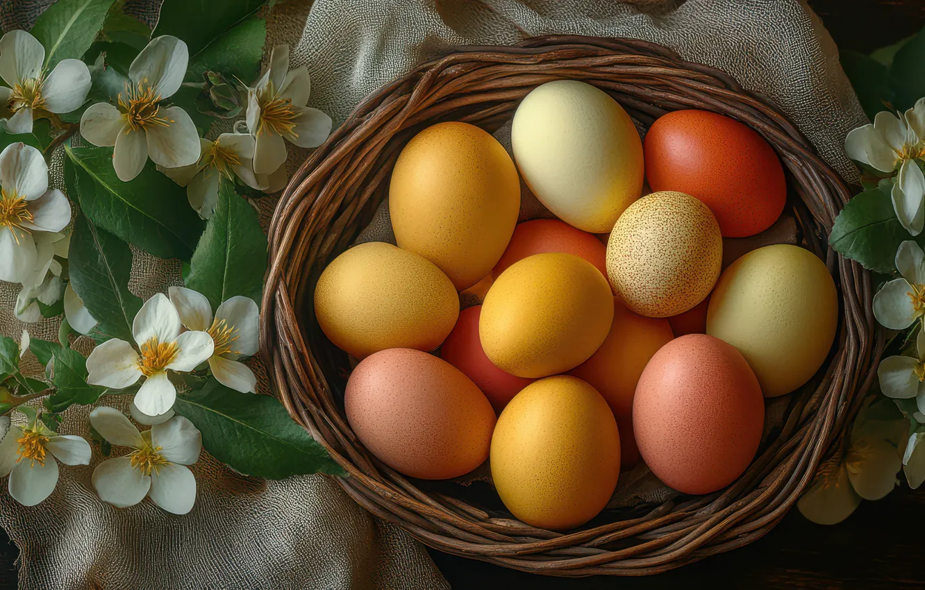 Photo wallpaper leaves, flowers, holiday, eggs, spring, yellow, Easter, fabric