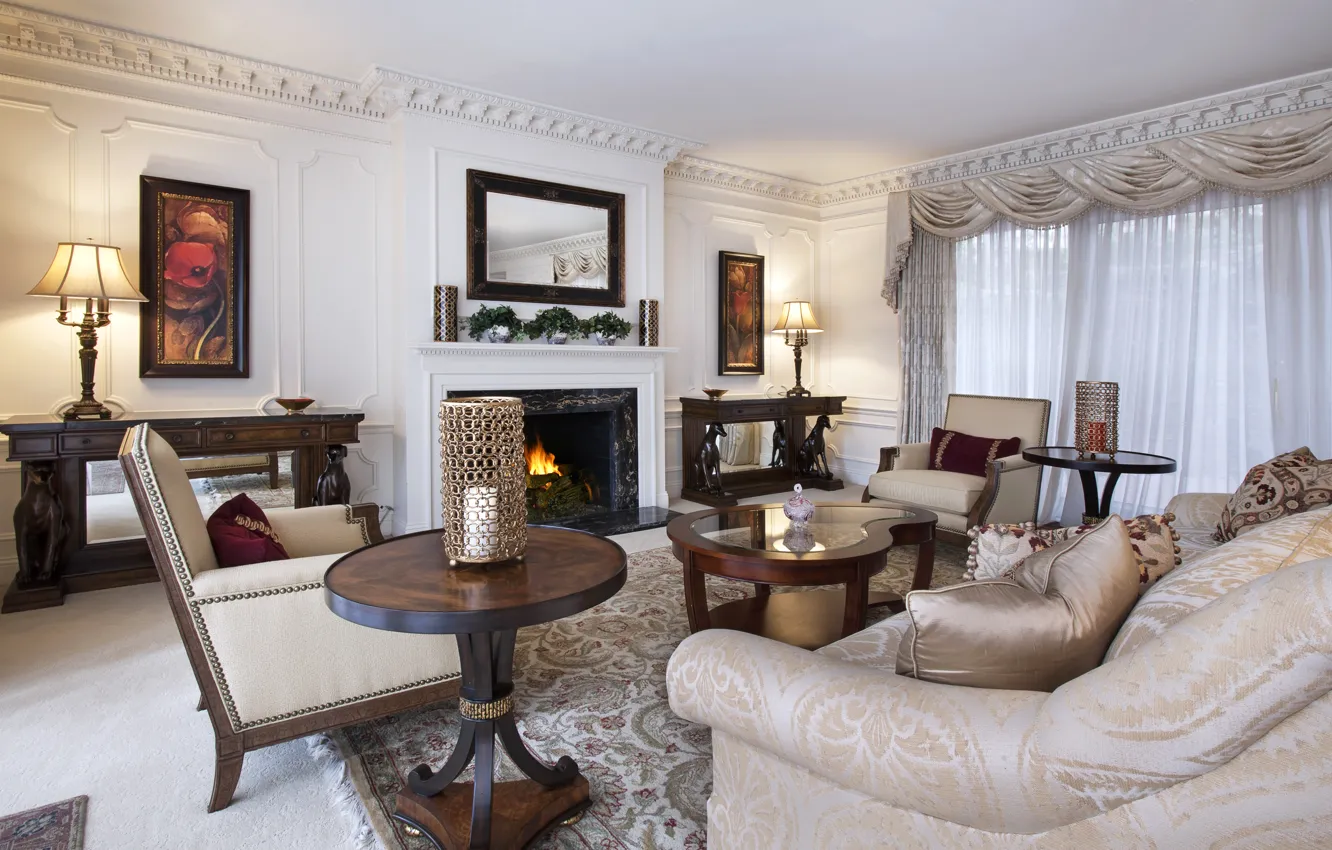 Photo wallpaper sofa, furniture, interior, picture, mirror, fireplace, mansion, table