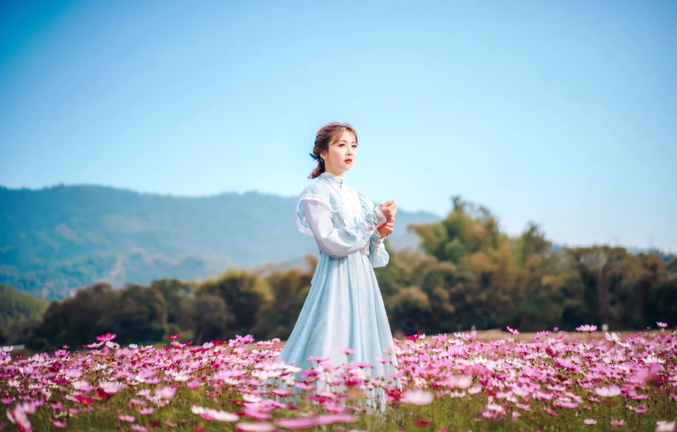 Photo wallpaper girl, flowers, sweetheart, dress, meadow, Asian