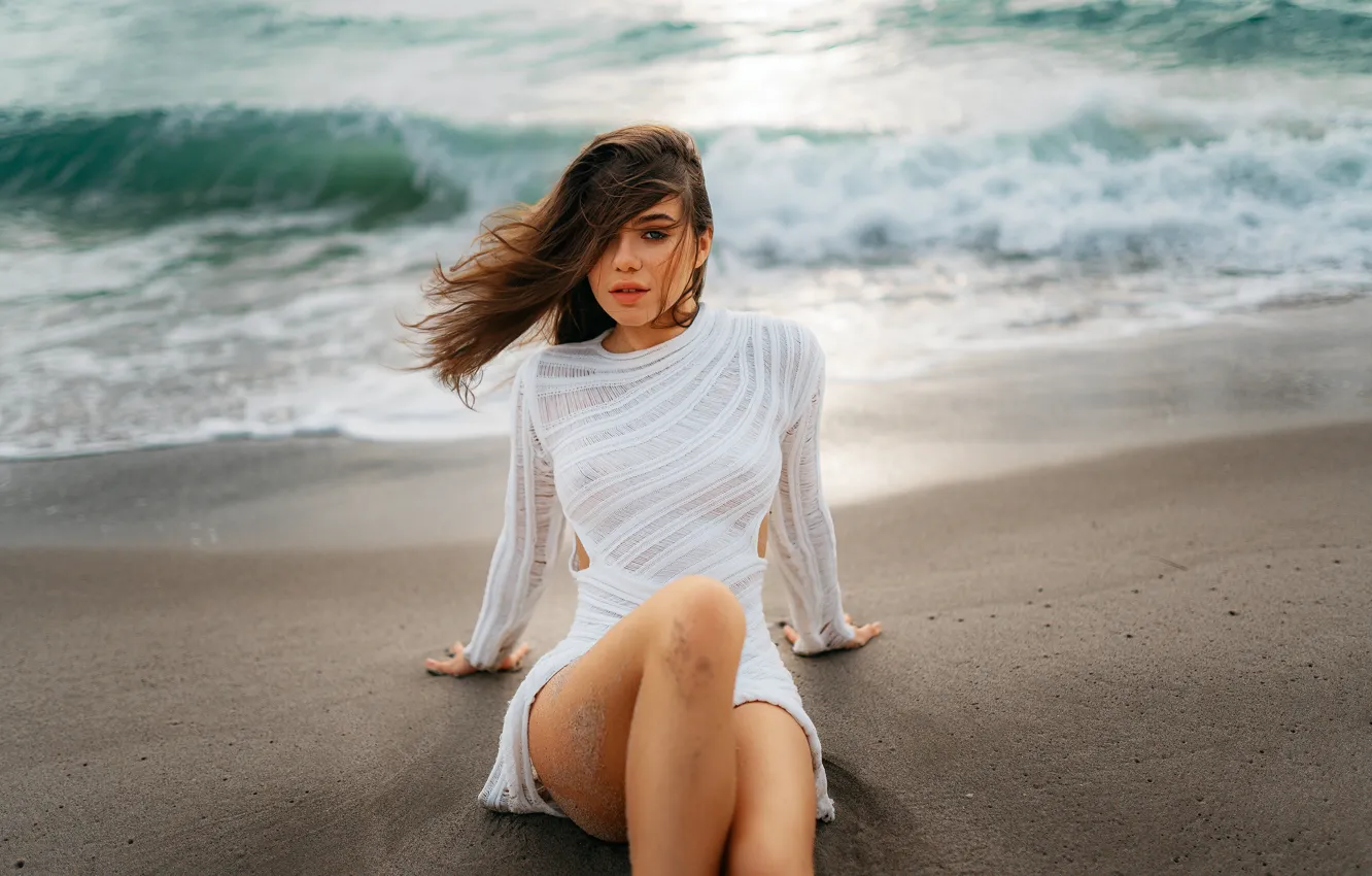 Photo wallpaper sea, beach, look, pose, model, portrait, makeup, figure