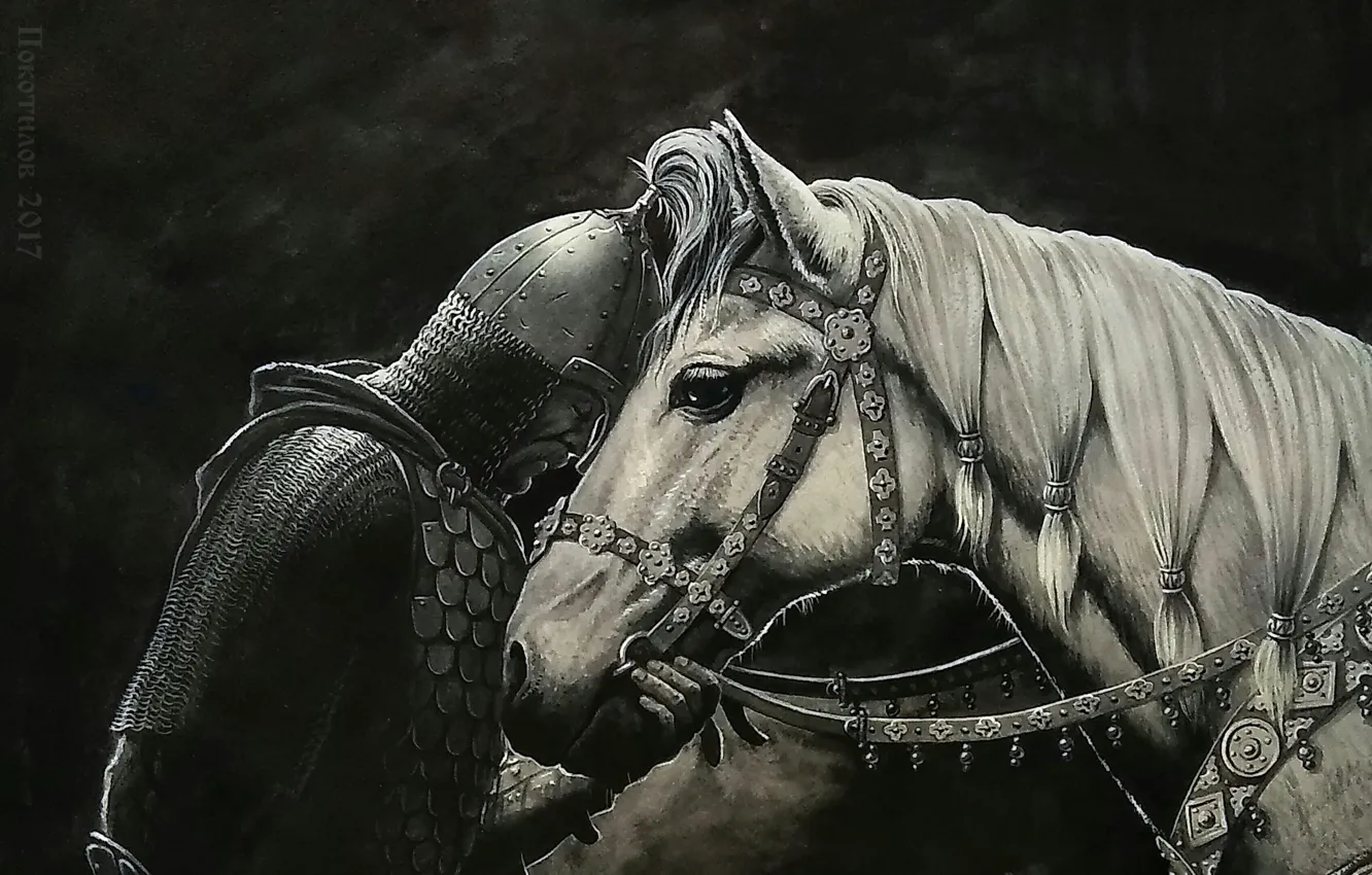 Photo wallpaper Horse, Warrior, Helmet, Mail, Armor, Prophetic Oleg, Farewell to the horse, Harness