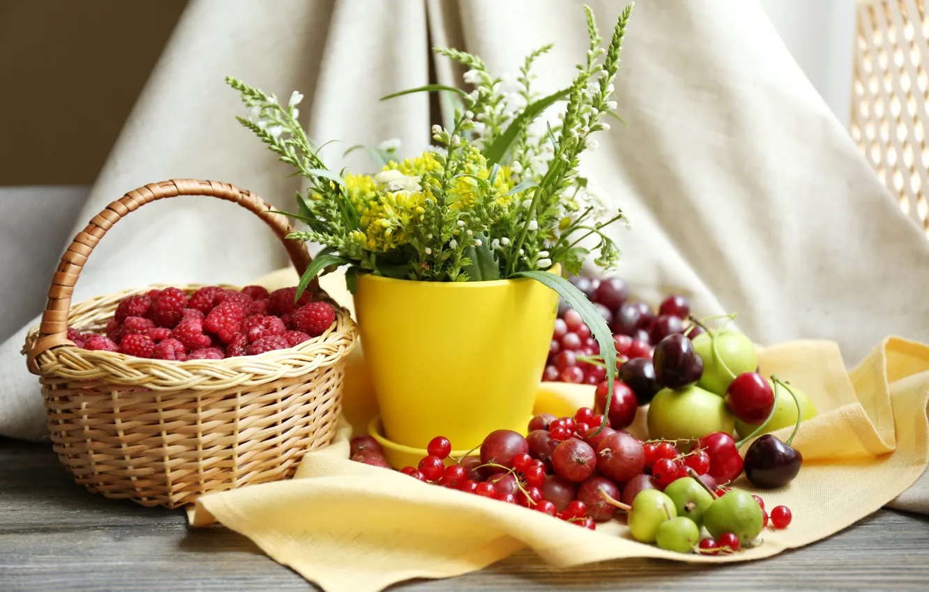 Photo wallpaper flowers, cherry, berries, raspberry, table, basket, apples, pot