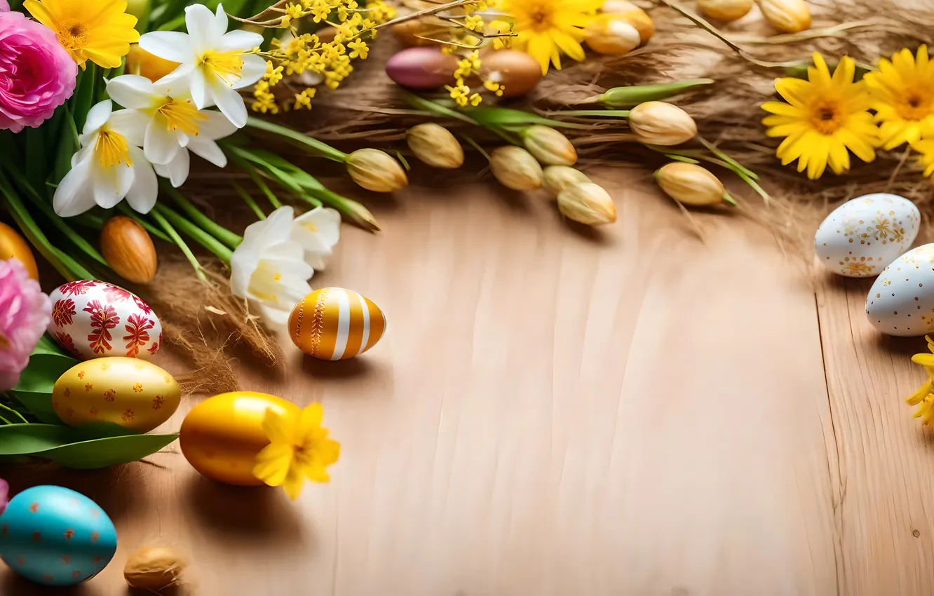 Photo wallpaper flowers, eggs, spring, colorful, Easter, flowers, spring, Easter