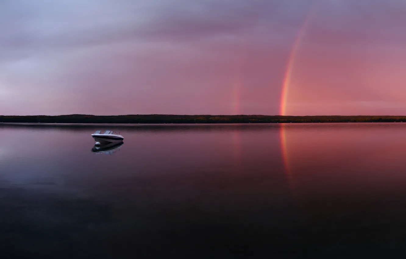 Photo wallpaper lake, boat, The evening, rainbow