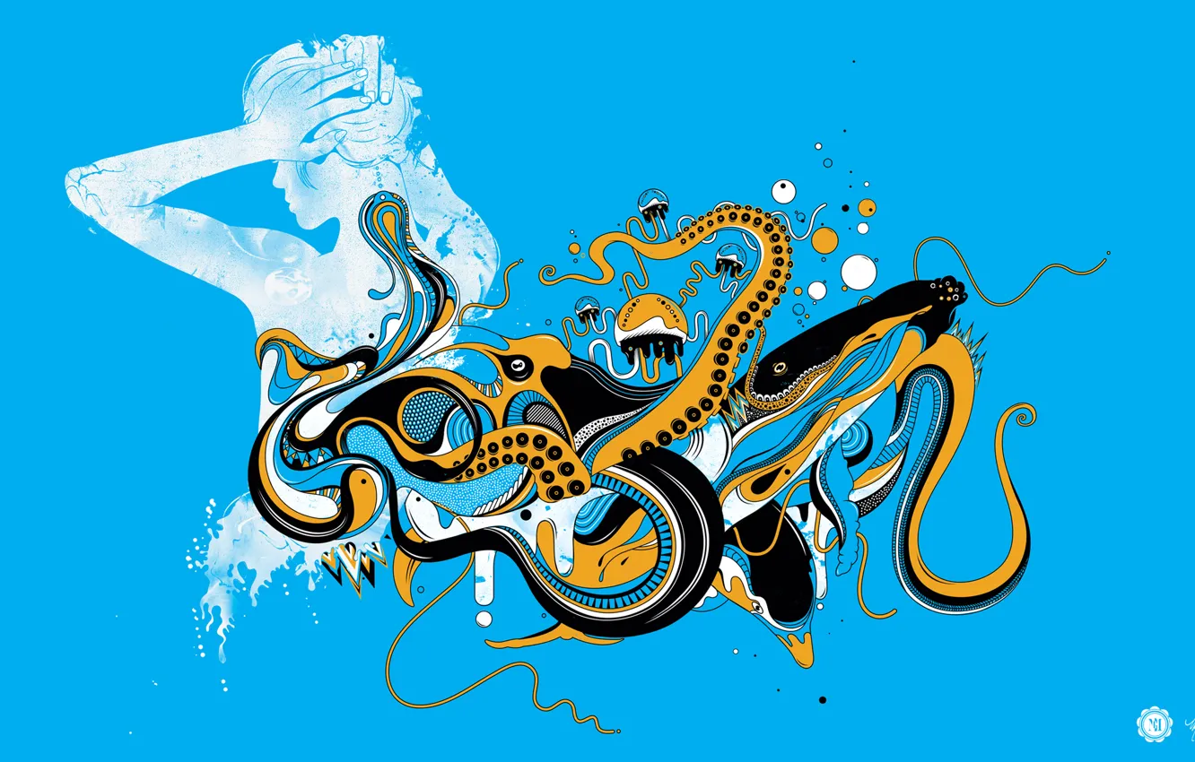Photo wallpaper girl, vector, octopus