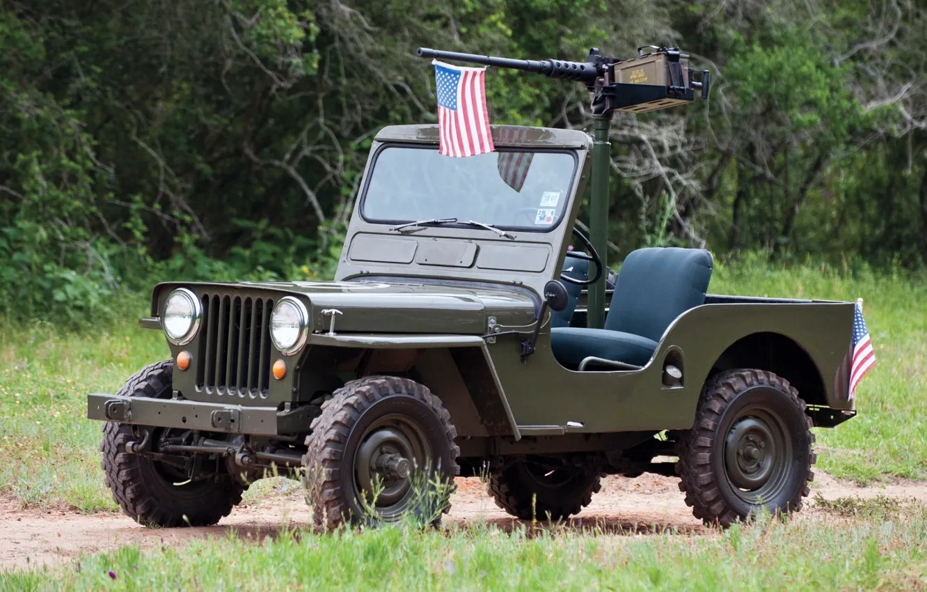 Photo wallpaper grass, trees, background, flag, green, the front, machine gun, 1950