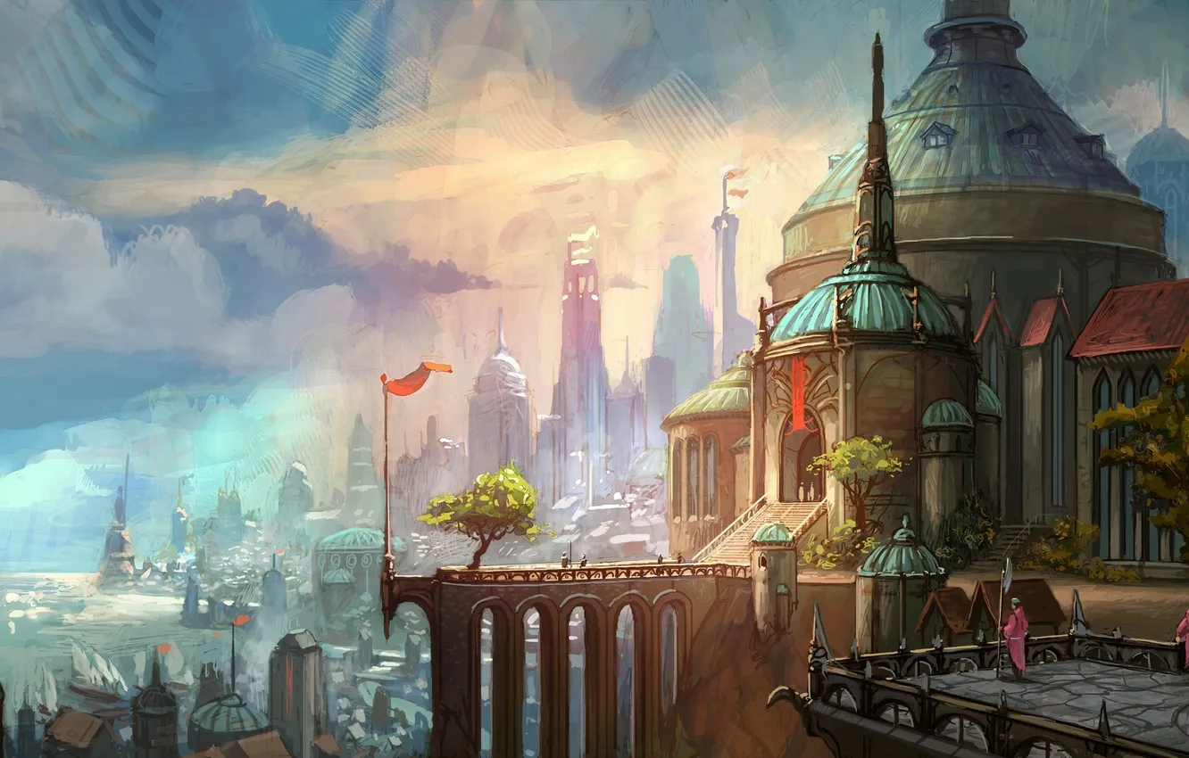 Photo wallpaper sea, trees, landscape, the city, people, art, League of Legends, Demacia