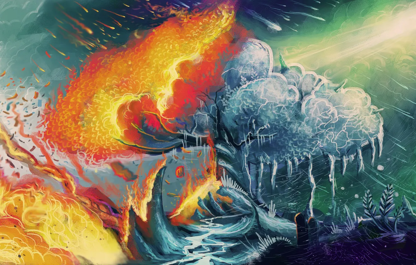 Photo wallpaper tree, fire, ice, art, contrast