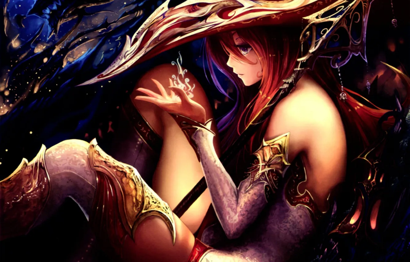 Photo wallpaper girl, weapons, hat, anime, art, staff, tachikawa mushimaro, bimo