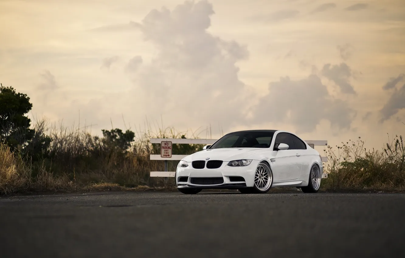 Photo wallpaper white, the sky, grass, clouds, trees, bmw, BMW, white