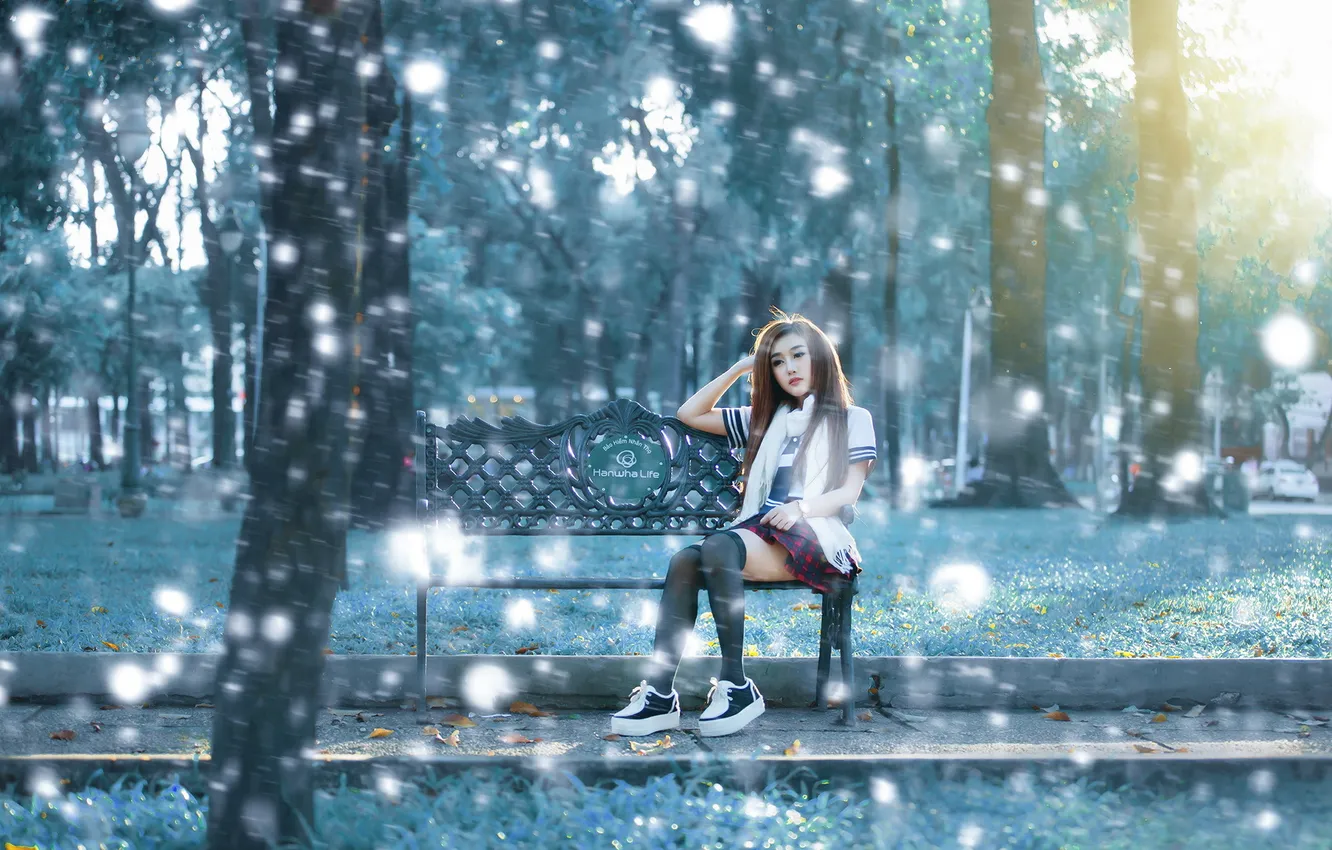 Photo wallpaper girl, Asian, bench