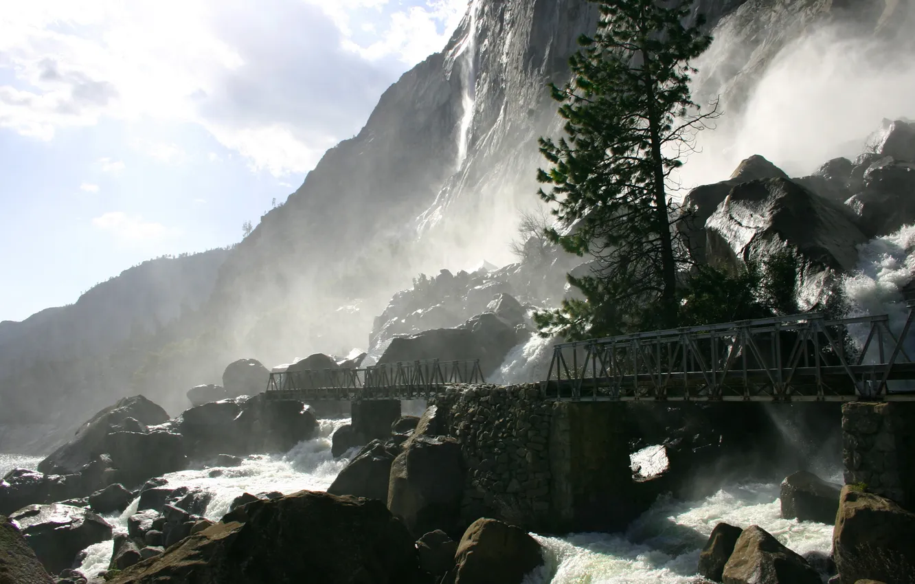 Photo wallpaper mountains, welcome, waterfall, volune.the bridge, the