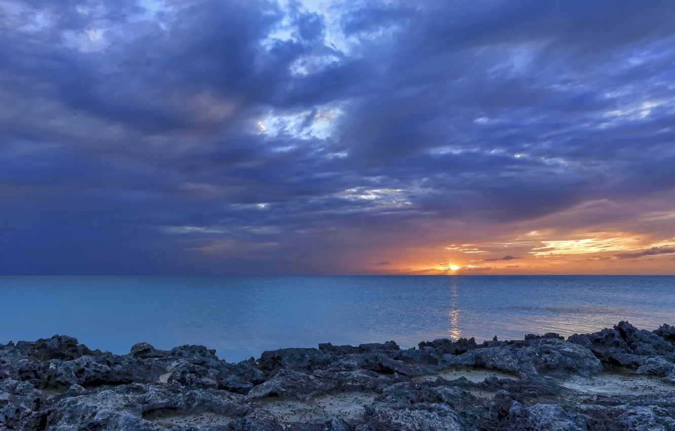 Photo wallpaper sea, sunset, clouds, stones