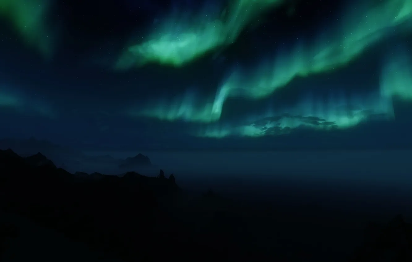 Photo wallpaper stars, mountains, night, rendering, Northern lights