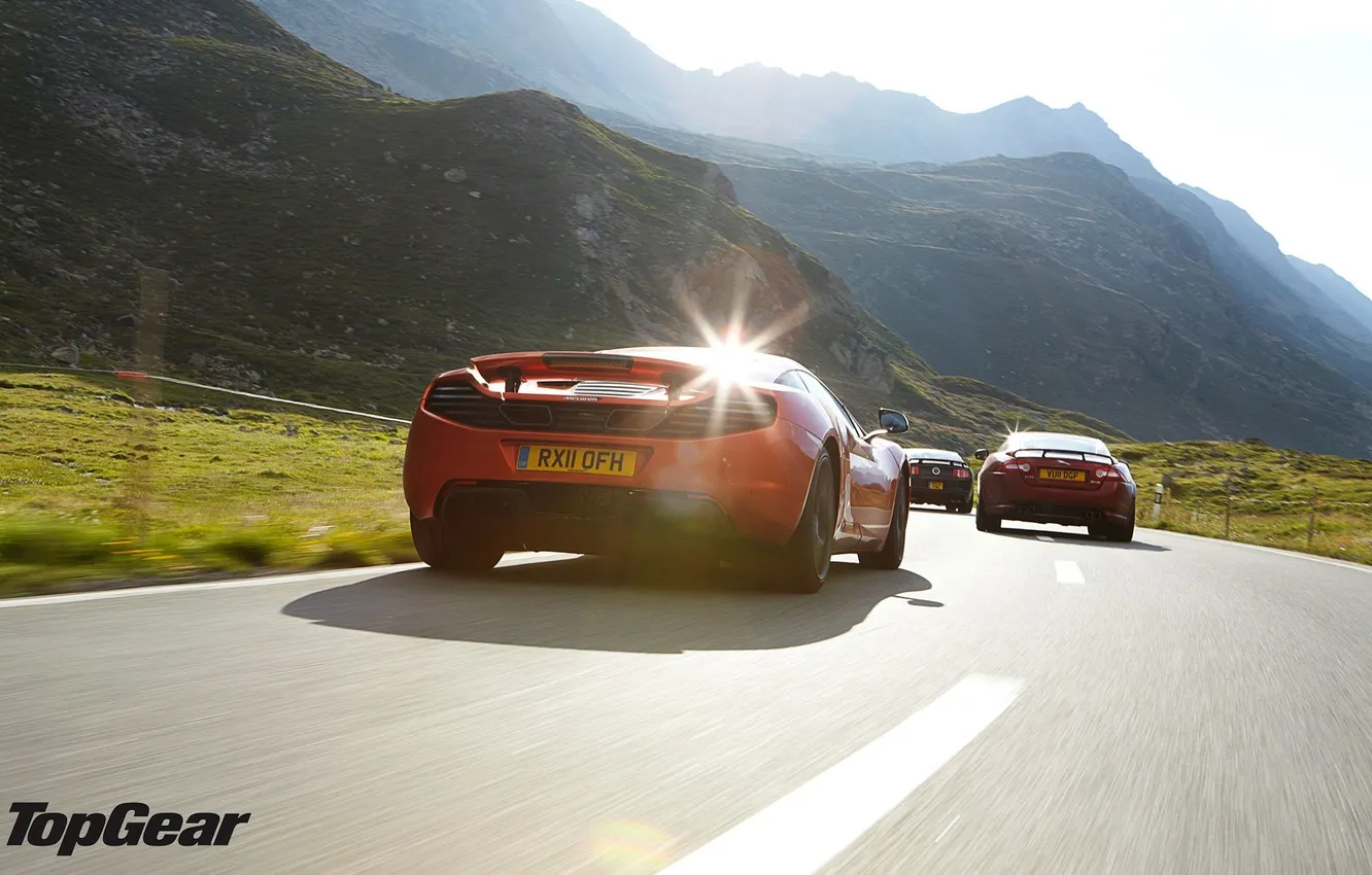 Photo wallpaper road, mountains, McLaren, Jaguar, Mustang, Top Gear, supercar