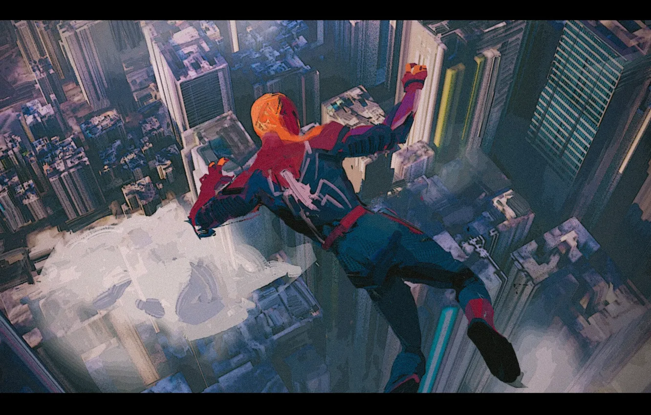 Photo wallpaper spider-man, flight, art, the city, Spider Man, picture