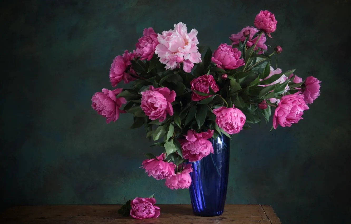 Photo wallpaper flowers, bouquet, vase, pink, blue, peonies