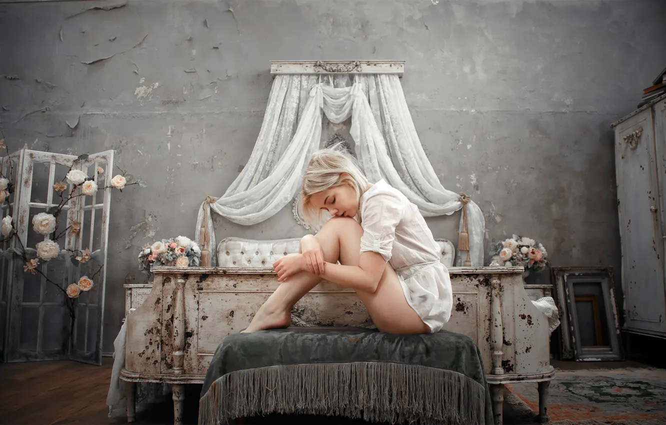 Photo wallpaper girl, room, bed, legs, Victoria Sokolova, Andrey Vasilyev