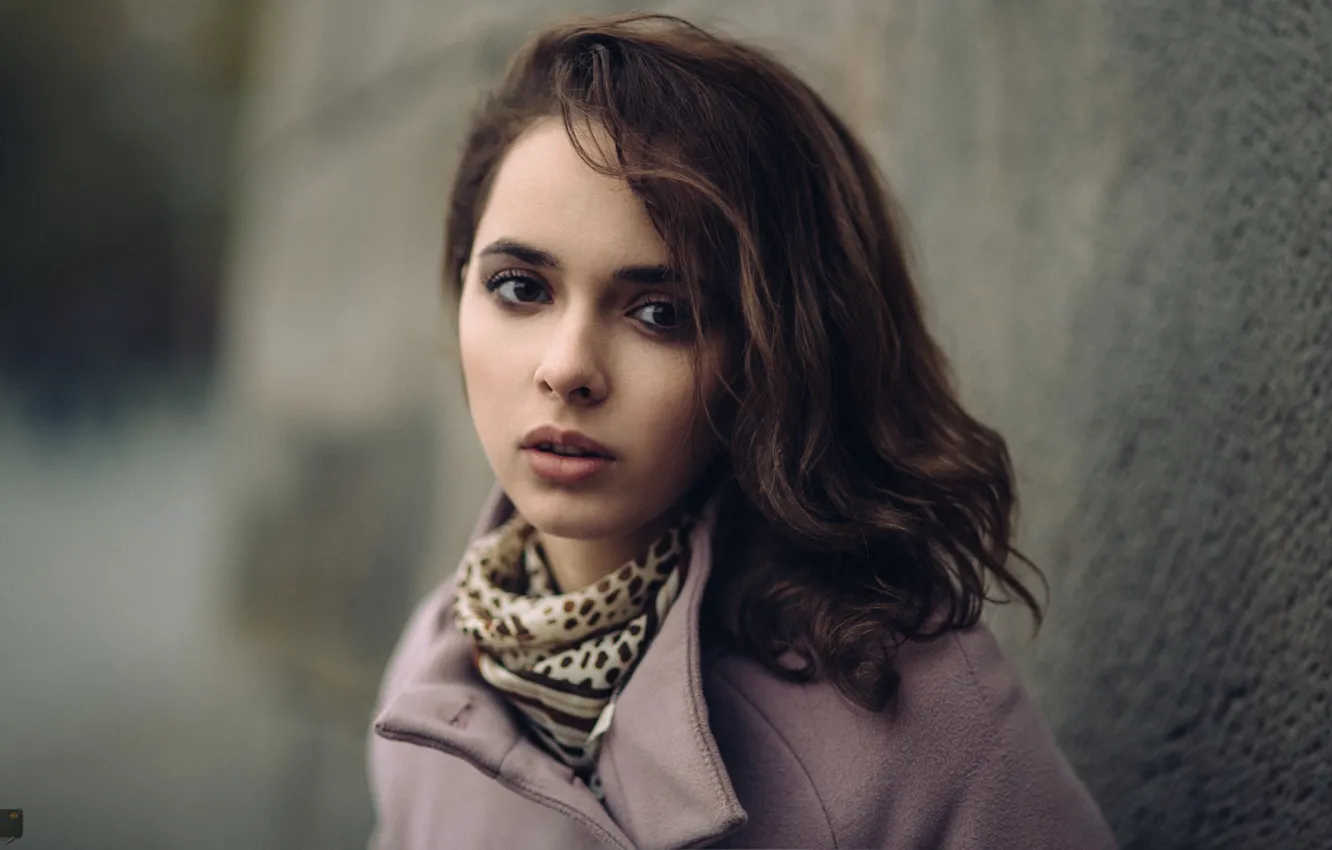 Photo wallpaper look, girl, face, wall, sweetheart, portrait, scarf, brown hair