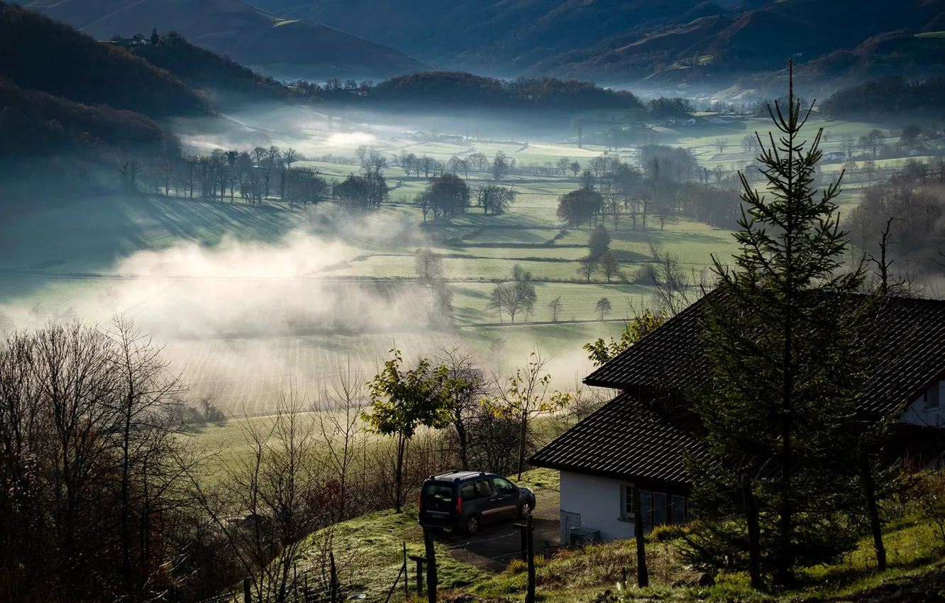 Photo wallpaper machine, the sun, trees, mountains, fog, house, France, field