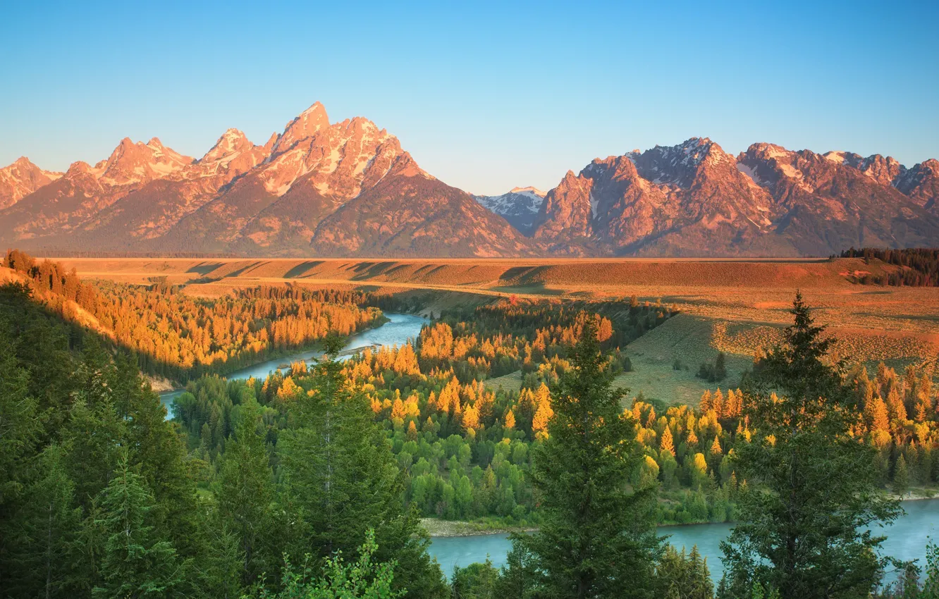 Photo wallpaper autumn, forest, mountains, tops, pond