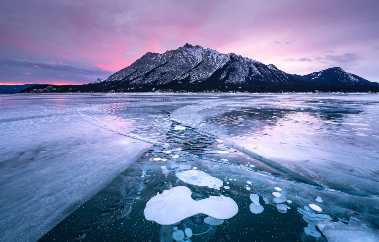 Photo wallpaper winter, the sky, mountains, shore, tops, ice, pond, frozen